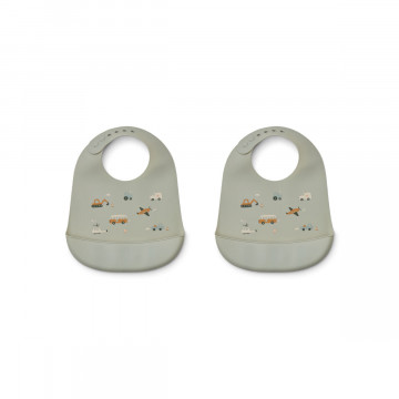 Lot de 2 Bavoirs en Silicone Tilda Vehicles/Dove Blue Mix