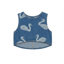 Tiny Cottons : Top à nœud imprimé cygnes - denim bleu