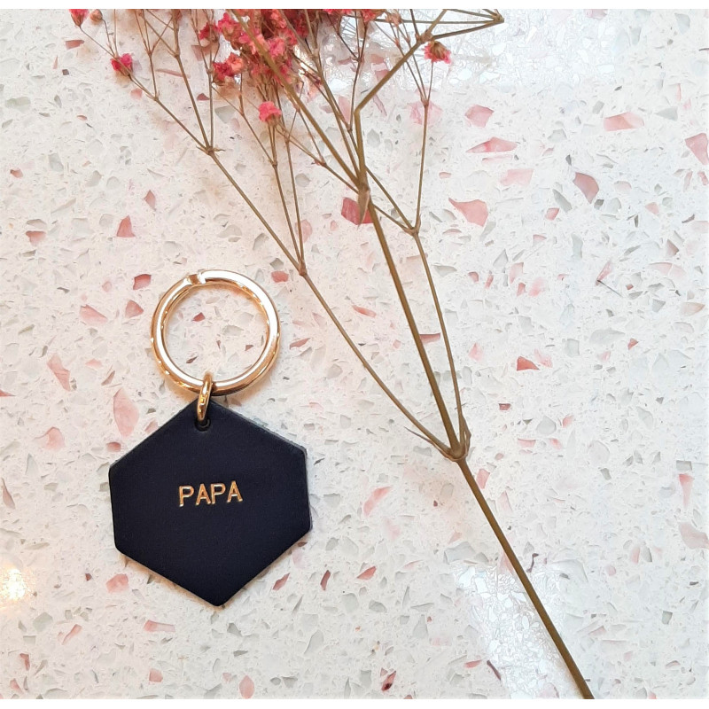 Porte-clés "PAPA" en cuir, Bleu, Doré - Fauvette Paris